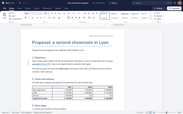 A proposal in Dazr Docs with a table of costs and returns