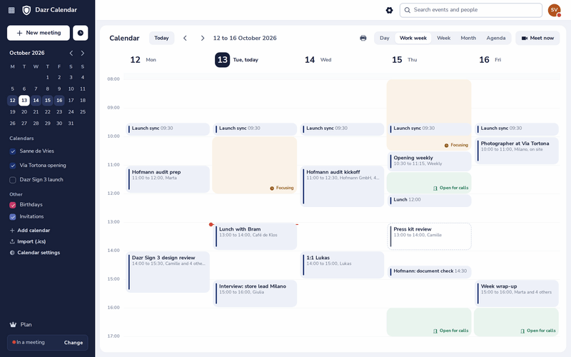 A work week in Dazr Calendar with focus time and hours open for calls