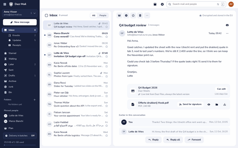 Dazr Mail with a conversation open: a budget review with a live spreadsheet from Dazr Files and a PDF ready to send for signature