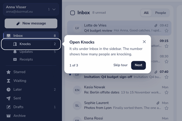 A guided tour in Dazr Mail: Knocks is lit up in the sidebar, with a card that explains it